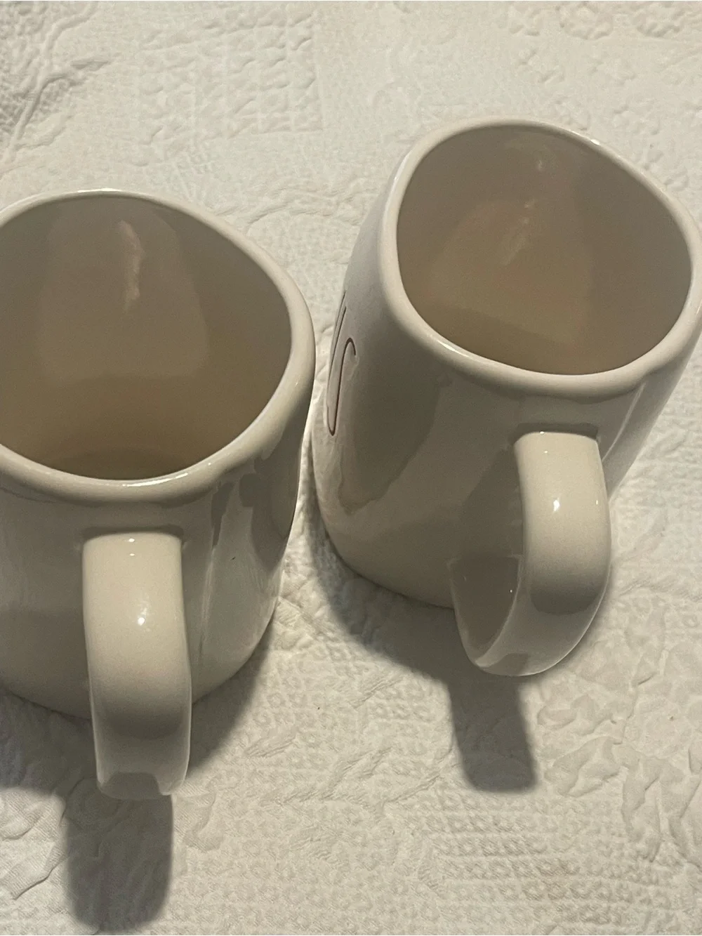 Rae Dunn White Ceramic Mug Set with Black Stamp His&Hers in red almost 5” High